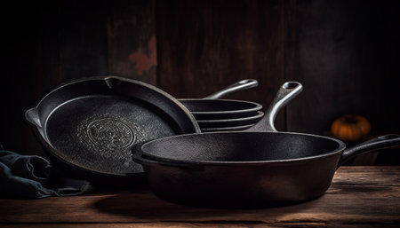 Rustic cast iron pan, empty and rusty generated by artificial intelligenceの素材