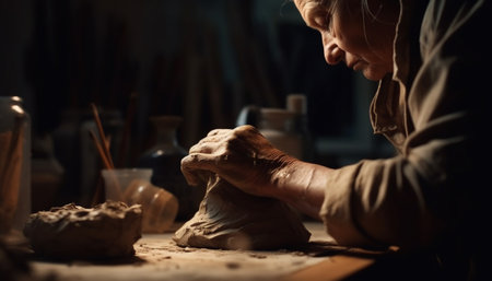 Craftsperson shaping clay on pottery wheel with expertise generated by artificial intelligenceの素材