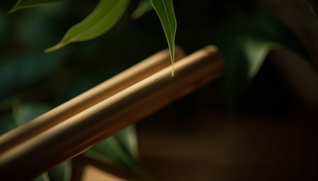 Fresh green leaf on wet bamboo branch generated by artificial intelligenceの素材
