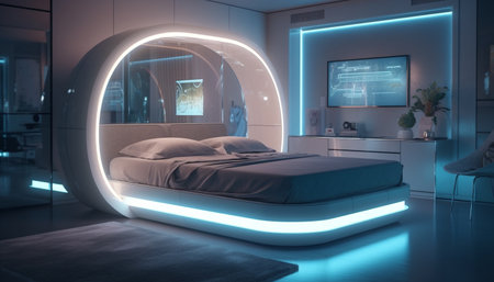 Comfortable modern bedroom with luxury bedding and lighting generated by artificial intelligenceの素材