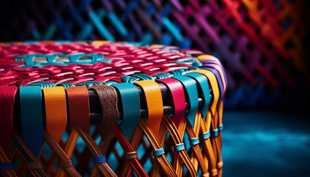 Woven basket: colorful, ornate, homemade craft product generated by artificial intelligenceの素材