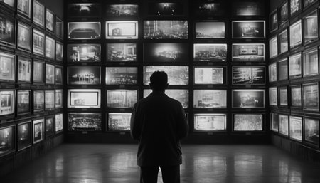 Men watching futuristic black and white broadcast reflection generated by artificial intelligenceの素材