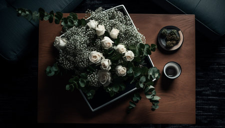 Rustic wood desk with modern flower arrangement generated by artificial intelligenceの素材