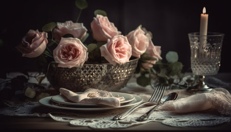 Rustic elegance wood with candle silverware flower generated by artificial intelligenceの素材