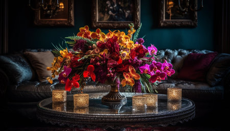 Luxury bouquet on rustic coffee table inside apartment generated by artificial intelligenceの素材