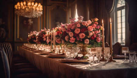 Elegant wedding table decoration with flower arrangement generated by artificial intelligenceの素材