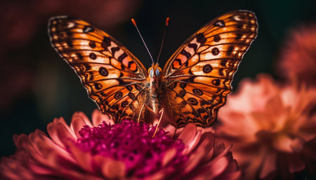 Vibrant butterfly pollinates yellow flower in springtime generated by artificial intelligenceの素材