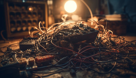 Obsolete computer equipment, chaotic wires, broken connections generated by artificial intelligenceの素材