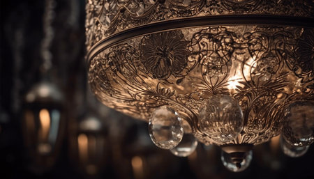 Shiny antique chandelier illuminates elegant home interior generated by artificial intelligenceの素材