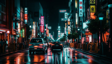 Glowing city streets blur with neon lights generated by artificial intelligenceの素材