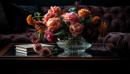 Fresh bouquet on wooden table adds elegance generated by artificial intelligenceの素材