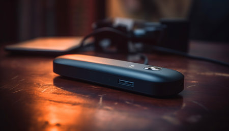 Modern technology on wooden desk, wireless communication generated by artificial intelligenceの素材