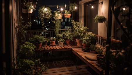 Modern indoor design with green plants and lighting generated by artificial intelligenceの素材