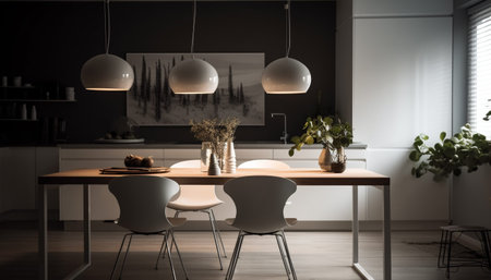 Modern domestic room with elegant wood decor generated by artificial intelligenceの素材