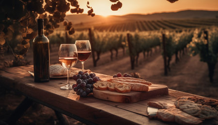 Rustic picnic with gourmet meat and wine generated by artificial intelligenceの素材