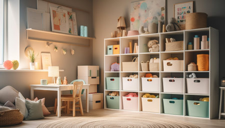 Modern domestic room with creative bookshelf decor generated by artificial intelligenceの素材