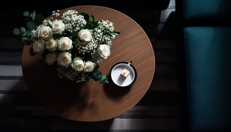 Rustic chair, modern decor, fresh bouquet, elegant coffee generated by artificial intelligenceの素材