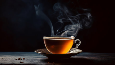 Steam rises from hot coffee on wood table generated by artificial intelligenceの素材