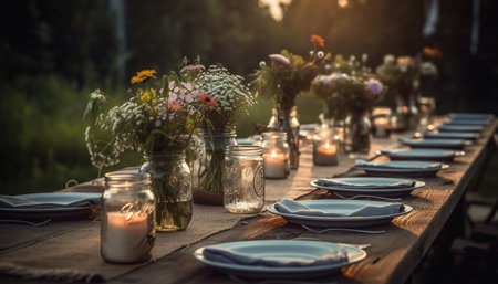 Rustic elegance: candlelit summer celebration outdoors generated by artificial intelligenceの素材