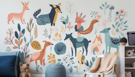 Cute animal toy collection on modern wallpaper generated by artificial intelligenceの素材