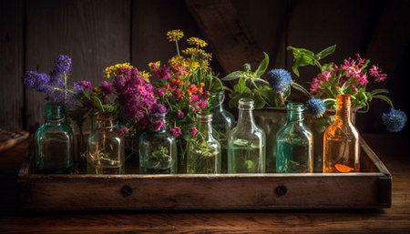 Rustic bouquet on wooden table, fresh aromatherapy generated by artificial intelligenceの素材