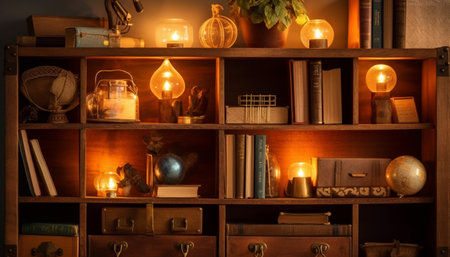 Antique books illuminate spooky old fashioned library collection generated by artificial intelligenceの素材