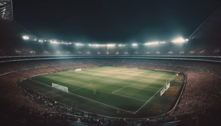 Bright spotlight illuminates empty soccer field at night generated by artificial intelligenceの素材