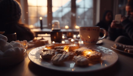 Sweet treats and warmth bring holiday joy indoors generated by artificial intelligenceの素材
