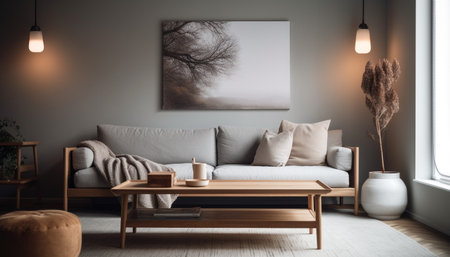 Modern apartment with elegant design and comfortable sofa generated by artificial intelligenceの素材