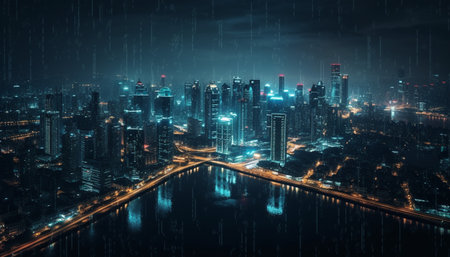 Glowing city skyline, modern architecture, futuristic transportation generated by artificial intelligenceの素材