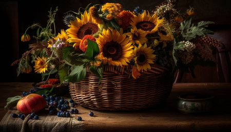 Rustic autumn still life: sunflowers, pumpkins, and leaves generated by artificial intelligenceの素材