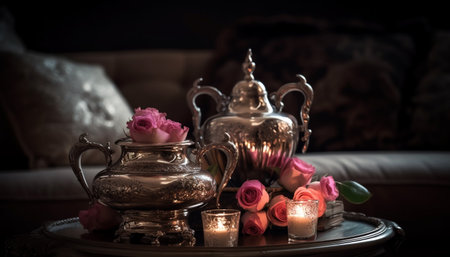 Romantic candlelight illuminates old fashioned bedroom elegance generated by artificial intelligenceの素材