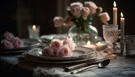 Elegant table decor with candlelight and flowers generated by artificial intelligenceの素材
