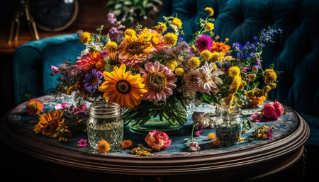 Rustic wood table with ornate vase arrangement generated by artificial intelligenceの素材