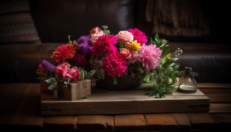 Fresh bouquet on rustic table brings summer romance generated by artificial intelligenceの素材