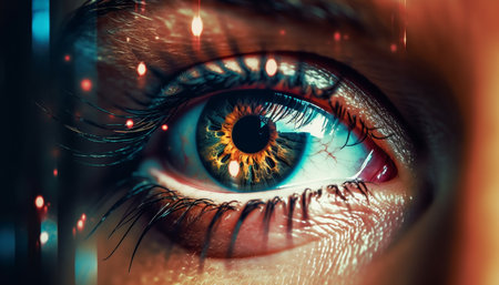 Blue iris staring, illuminated by futuristic technology generated by artificial intelligenceの素材