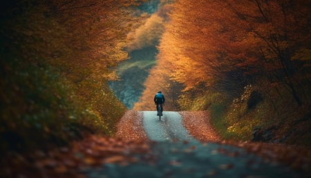 Mountain biking men speed through autumn forest generated by artificial intelligenceの素材