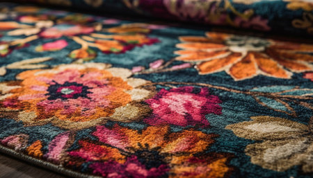 Multi colored kilim rug, woven with ornate design generated by artificial intelligenceの素材