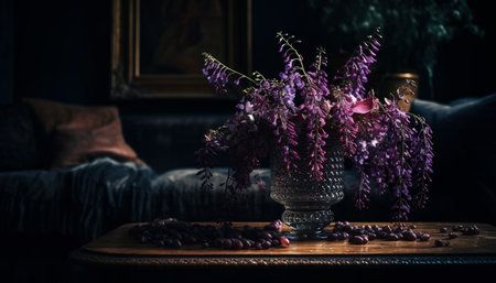 Fresh flower bouquet in rustic wooden vase generated by artificial intelligenceの素材