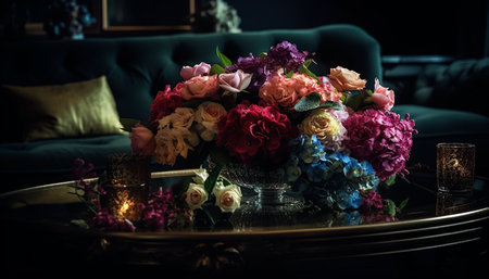 Elegant bouquet of multi colored flowers on table generated by artificial intelligenceの素材