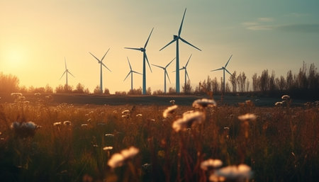 Wind turbines in a row harnessing nature power generated by artificial intelligenceの素材