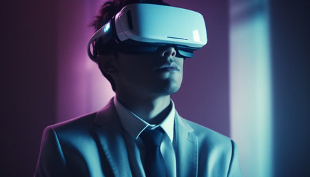 Futuristic businessman in virtual reality simulator headset generated by artificial intelligenceの素材