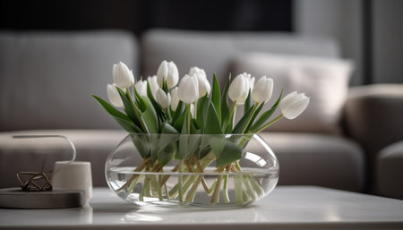 Elegant tulip bouquet adds freshness to home interior generated by artificial intelligenceの素材