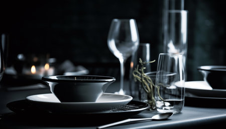 Luxury wineglass on elegant tablecloth, no people generated by artificial intelligenceの素材