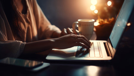 Late night coffee break, surfing the net generated by artificial intelligenceの素材