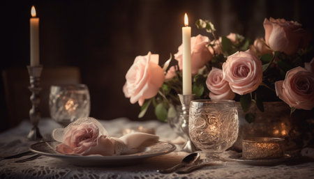 Elegant candlelit table with rustic floral arrangement generated by artificial intelligenceの素材