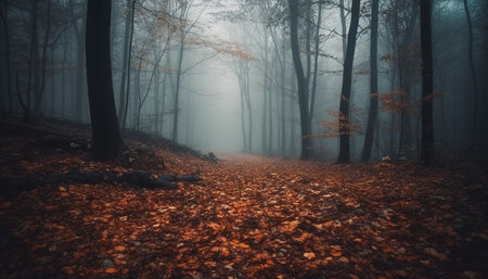 Mysterious autumn forest, foggy path, vibrant colors generated by artificial intelligenceの素材