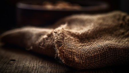 Rustic burlap sack on old wooden table generated by artificial intelligenceの素材