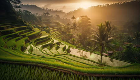 Rice paddy landscape, Bali rural scene idyllic generated by artificial intelligenceの素材