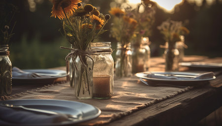 Fresh flower bouquet on rustic wooden table generated by artificial intelligenceの素材